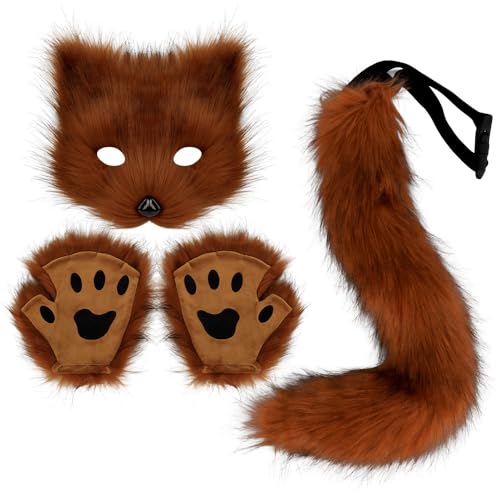 ANXJLEO Fuchs Kostüm 3 Set,Halloween Kostüm,künstliche Fuchsohren,Plüschmaske,flauschige Krallenhandschuhe,Faschingskostüm Fuchs für Karneval Halloween Tierkostüm Fuchs Ohren Cosplay (Rot-Braun) von ANXJLEO