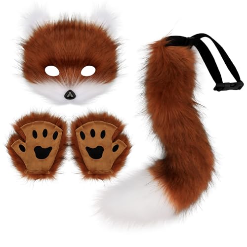 ANXJLEO Fuchs Kostüm 3 Set,Halloween Kostüm,künstliche Fuchsohren,Plüschmaske,flauschige Krallenhandschuhe,Faschingskostüm Fuchs für Karneval Halloween Tierkostüm Fuchs Ohren Cosplay (Rot-Braun-Weiß) von ANXJLEO