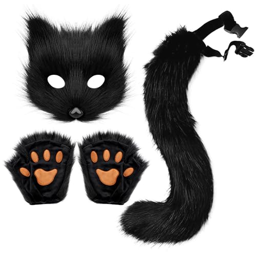 ANXJLEO Fuchs Kostüm 3 Set,Halloween Kostüm,künstliche Fuchsohren,Plüschmaske,flauschige Krallenhandschuhe,Faschingskostüm Fuchs für Karneval Halloween Tierkostüm Fuchs Ohren Cosplay (Schwarz) von ANXJLEO