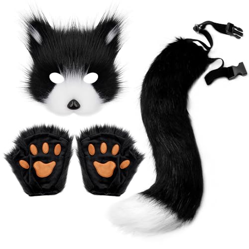 ANXJLEO Fuchs Kostüm 3 Set,Halloween Kostüm,künstliche Fuchsohren,Plüschmaske,flauschige Krallenhandschuhe,Faschingskostüm Fuchs für Karneval Halloween Tierkostüm Fuchs Ohren Cosplay (Schwarz-Weiß) von ANXJLEO