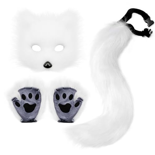 ANXJLEO Fuchs Kostüm 3 Set,Halloween Kostüm,künstliche Fuchsohren,Plüschmaske,flauschige Krallenhandschuhe,Faschingskostüm Fuchs für Karneval Halloween Tierkostüm Fuchs Ohren Cosplay (Weiß) von ANXJLEO