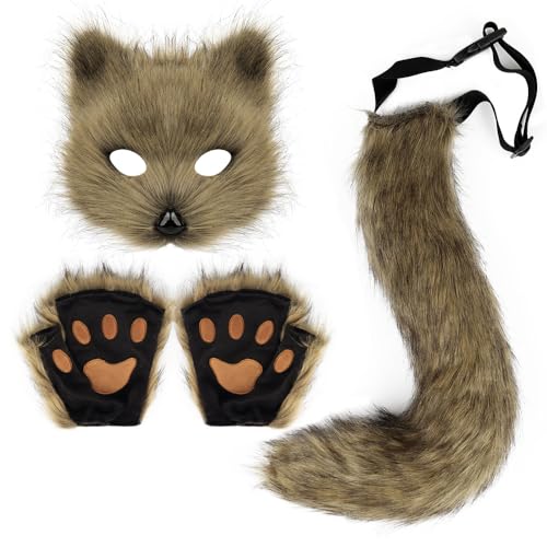 ANXJLEO Fuchs Kostüm 3 Set,Halloween Kostüm,künstliche Fuchsohren,Plüschmaske,flauschige Krallenhandschuhe,Faschingskostüm Fuchs für Karneval Halloween Tierkostüm Fuchs Ohren Cosplay (Grasgelb) von ANXJLEO