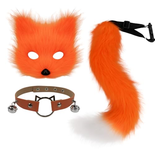 ANXJLEO Halloween Maske 3 set,Flauschiger Schwanz und Leder Halskette Set,Cosplay Kostüm Accessoire,Fancy Party Kostüm für Halloween Party Dress Up,Fasching,Mottoparty,Kostüm,Verkleidung (Orange) von ANXJLEO