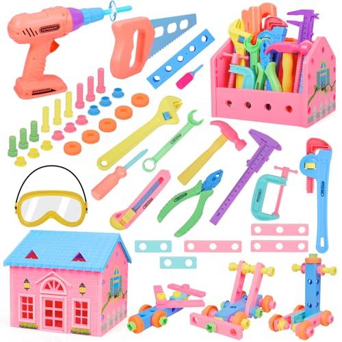 ANYCESO Kleinkind Mädchen Spielzeug STEM Spielzeug für Kinder Spielzeug, Kinder Werkzeug Set mit Spielbohrer und Werkzeugkasten, Haus, Schutzbrille für 3 4 5 6 7 Jahre alte Kleinkinder Kit (Pink) von ANYCESO