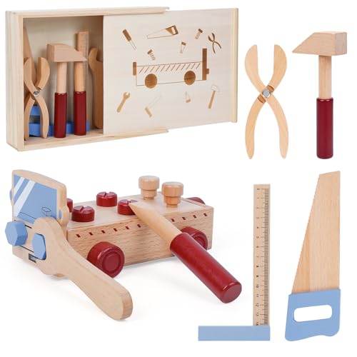 ANYCESO Werkzeugkasten aus Holz mit Zubehör-Montessori Spielzeug Kinder Holzspielzeug Werkzeugkoffer Holz-Konstruktionsspielzeug für Kleinkinder, Vorschulkinder Rollenspiel Ab 2 3 4 5 Jahre von ANYCESO