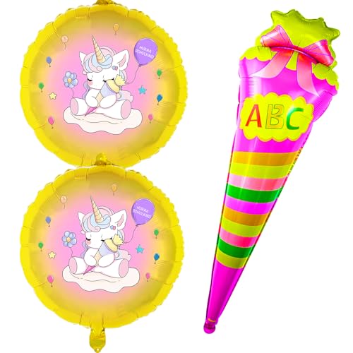 Deko Schulanfang Einschulung Folienballon 3Stk Einhorn Motiv Helium Luft Ballon Zuckertüte Einschulung Rosa Mädchen Schulkind Schuleinführung Deko (Einhorn with Servietten) von ANYUNKEY