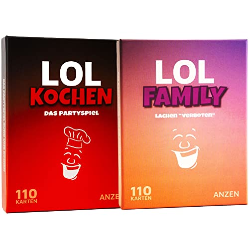 LOL Spiel - Doppelpack FAMILY + KOCHEN - Lachen "verboten" | Gesellschaftsspiele ab 10 | Kartenspiele mit Lachverbot | Geburtstags-Geschenk-e für Frauen | spielbar und passend zu Last One Laughing von ANZEN