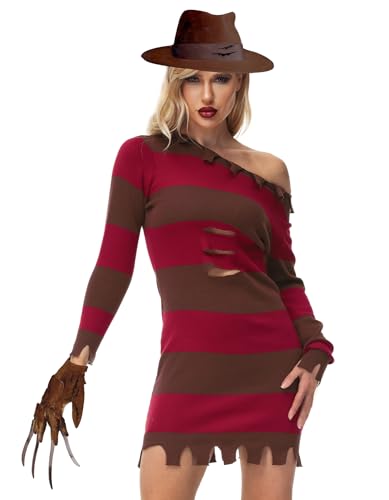 AOBUTE Halloween Freddy Kostüm Damen Kleid Herren Langarm Rot Gestreifter Pullover, Rot, a, L von AOBUTE