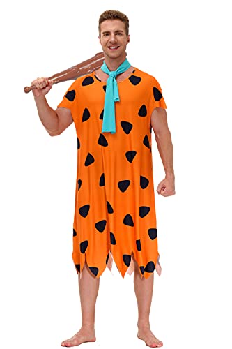 Herren Höhlenmensch-Familien-Kostüm, Halloween, Cosplay, Erwachsene, Paar, passendes Party-Outfit, Orange, Tunika, XL von AOBUTE