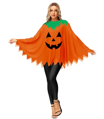 Kürbis-Poncho für Damen, für Halloween, Erwachsene, lustig, bedruckt, Cosplay, Umhang, Orange von AOBUTE