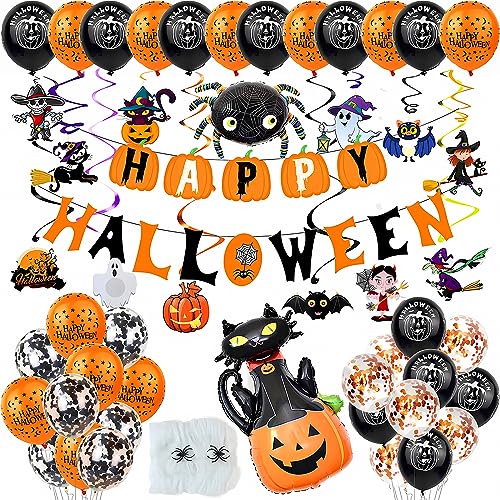 AOKITO Halloween Dekoration, Halloween Deko Set mit Happy Halloween Girlande, Halloween-Kürbis Schwarze Katze, Grusel Fotorequisiten fur Halloween Party Deko, Luftballons fur Halloweenparty Kinder von AOKITO