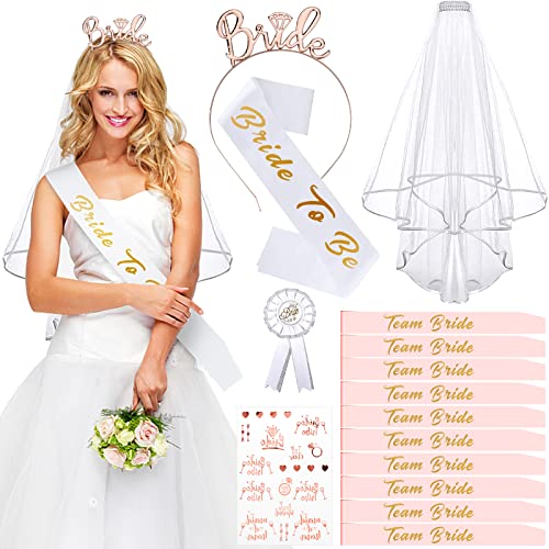 JGA Deko Schärpe Set mit 15 Stücken für Braut und Team Bride. Enthält 10 Team Bride Schärpen, 1 Braut Schärpe, Schleier, Abzeichen, Tiara, Tattoos und mehr. Perfekt für Junggesellinnenabschiede von AOKITO