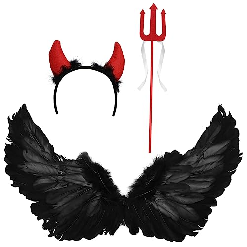 AOKWAWALIY 3 Stück Halloween Show Flügel Dekor Schwarzes Stirnband Teufel Cosplay Zubehör Dämon Kostüm Kit Flügel Requisiten Kinder Stirnband Halloween Requisite Halloween Horn Stirnband von AOKWAWALIY