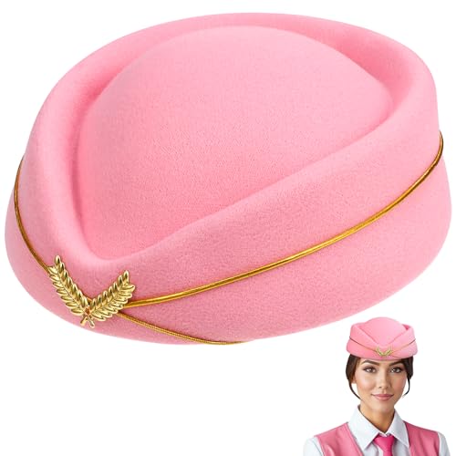 AOKWAWALIY Stewardess Hut Filz Baskenmütze für Frauen Wolle Flugbegleiter Hut Rosa Pillbox Hut Stewardess Kostüm Cosplay für Performance Dance Band, Pink, Medium-Large von AOKWAWALIY