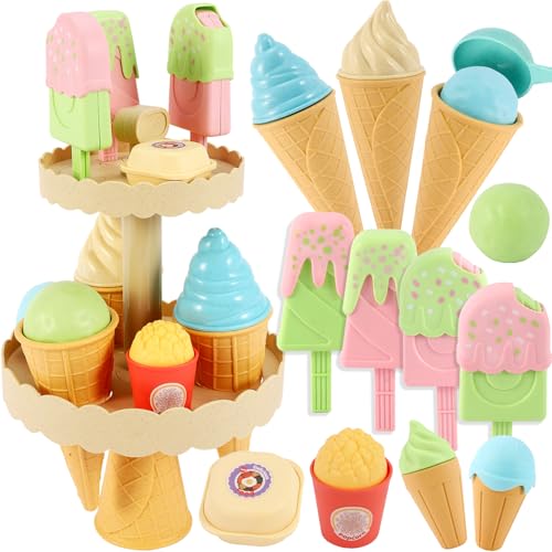 AOLEVA EIS Spielzeug für Kinder, Eisdiele Kinder Eiscreme Spielzeug mit Eisständer Kinderküche Kaufläden Zubehör Spielküche Rollenspiele Geschenk für Kinder ab 3 Jahren von AOLEVA