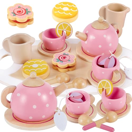 AOLEVA Teeservice Kinder Holz Spielküche Zubehör, Tee Set Teeparty Kinderküche Holzspielzeug Kindergeschirr Rollenspiele Geschenk für Kinder Mädchen Jungen, Rosa von AOLEVA