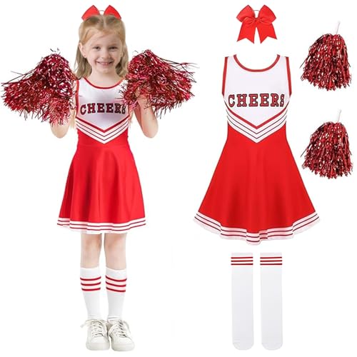 AOLIUP Cheerleader Kostüm Kinder: Cheerleading Outfit Mädchen Faschingskostüme - Cheer Uniform Kleid mit Pompons Socken und Kopfschmuck für Halloween Karneval Fasching Party (130(6-7 Jahre)) von AOLIUP