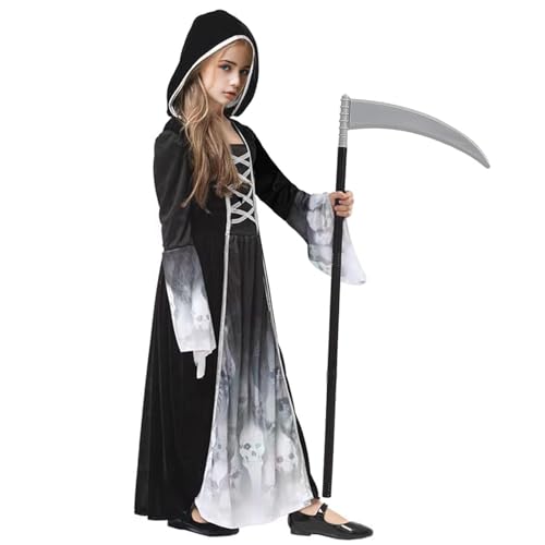 AOLIUP Halloween Kostüm Sensenmann Mädchen - Kinder Sensemann Kostüme Grim Reaper Skelett Kleid mit Sense für Halloween Fasching Karneval Verkleidung Cosplay Party Outfits (L (7-9 Jahre)) von AOLIUP