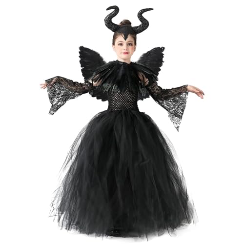 AOLIUP Halloween Maleficent Kostüm für Kinder: Mädchen Böse Königin Kleid Set mit Hörner Kopfschmuck Schwarze Flügel Umhang für Halloween Karneval Fasching Verkleidung Cosplay Party Outfits (L) von AOLIUP