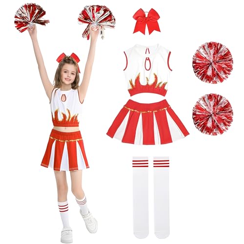 AOLIUP Karneval Cheerleader Kostüm Kinder: Cheerleading Outfit Mädchen - Cheer Uniform Kleid mit Pompons Socken und Kopfschmuck für Halloween Fasching Party Kostüme (130(6-7 Jahre)) von AOLIUP