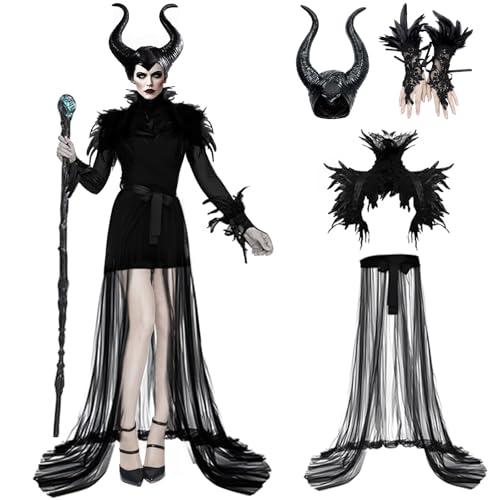 AOLIUP Maleficent Kostüm Damen: Böse Königin Kleid mit Hörner Gothic Federumhang Feder Manschette und Tüllrock für Halloween Karneval Fasching Verkleidung Cosplay Party Outfits von AOLIUP