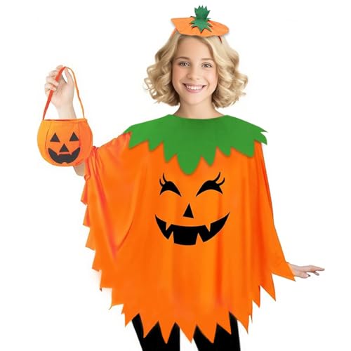 Kürbis-Kostüm für Damen, Halloween-Kostüme, Kürbis-Poncho für Erwachsene, mit Stirnband-Tasche, 3 Stück Kürbis-Kostüm für Damen, Halloween-Kostüme, Kürbis-Poncho für Erwachsene, mit Stirnband-Tasche, 3 Stück von AOLIUP