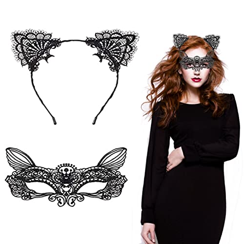 AOMAIGAD 1 Stück Katzenohren, Stirnband, 1 Stück Maske aus Spitze, mit Spitze, venezianische Maske, für Partys, Masken, für Halloween-Karneval von AOMAIGAD