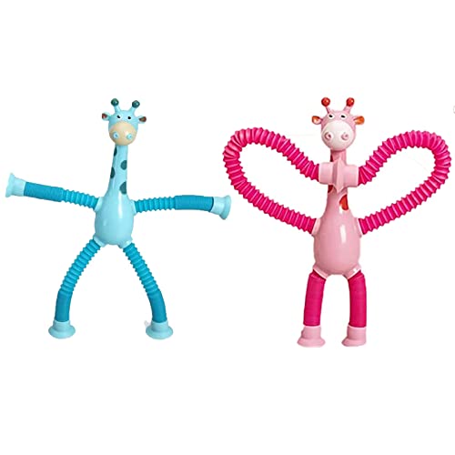 2 Stück Teleskop-Saugnapf-Giraffen-Spielzeug,Telescopic Suction Cup Giraffe Toy,Sensorische Stretch Röhren Bunte,Cartoon Teleskop-Rohr Giraffe Stretch und dekomprimieren neuartige Lernspielzeug (B) von AOMAIGAD