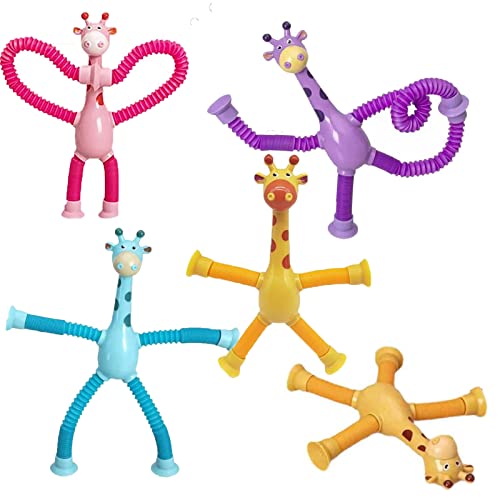 4 Stück Teleskop-Saugnapf-Giraffen-Spielzeug,Telescopic Suction Cup Giraffe Toy,Sensorische Stretch Röhren Bunte,Cartoon Teleskop-Rohr Giraffe Stretch und dekomprimieren neuartige Lernspielzeug (A) von AOMAIGAD