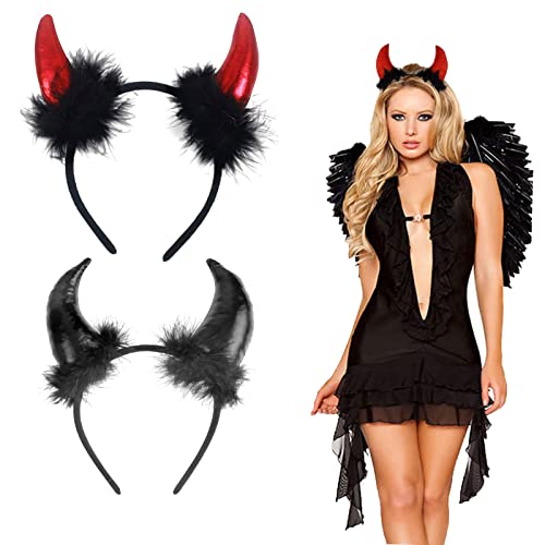 AOMAIGAD 2 StückeTeufelshörner Haarreif,Plüsch in schwarz rot - Teufelshörner,Karneval Halloween Party Kostüm Haarschmuck Stirnband Headwear Hörner von AOMAIGAD