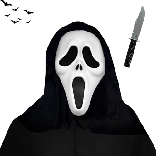 AOMAIGAD Ghostface Maske, Schreiende Maske mit falschem Messer,Halloween Ghostface Maske Maske Horrorfilm Maske Geister Scream Maske,Scream Maske für Kinder Erwachsene (1 Maske + 1 Messer) von AOMAIGAD