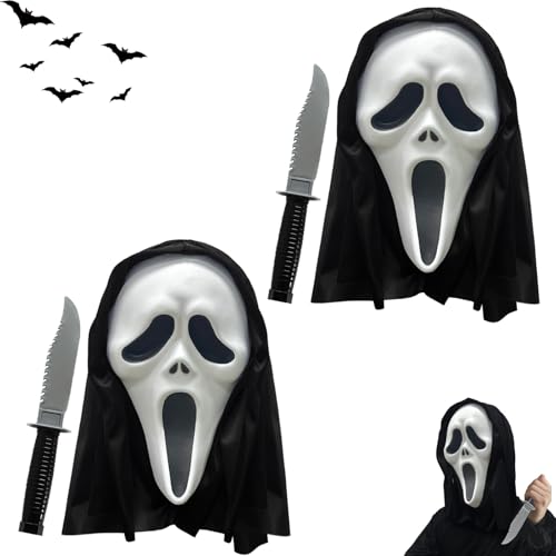 AOMAIGAD 2Pcs Ghostface Maske,Schreiende Maske mit 2 falschem Messer,Halloween Ghostface Maske Maske Horrorfilm Maske Geister Scream Maske,Scream Maske für Kinder Erwachsene (2 Maske + 2 Messer) von AOMAIGAD