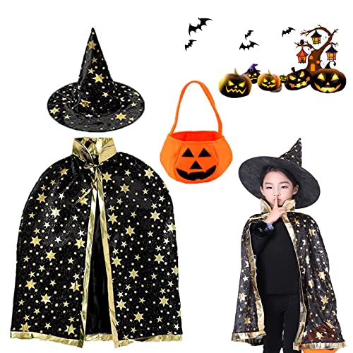 AOMAIGAD Halloween-Hexenumhang,Kinder Halloween Kostüm, Zauberermantel Mit Hut+Kürbis Candy Bag, Geeignet für Cosplay-Kostüme für Jungen und Mädchen (Schwarz) von AOMAIGAD