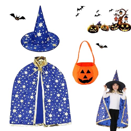 AOMAIGAD Halloween-Hexenumhang,Kinder Halloween Kostüm, Zauberermantel Mit Hut+Kürbis Candy Bag, Geeignet für Cosplay-Kostüme für Jungen und Mädchen (blau) von AOMAIGAD