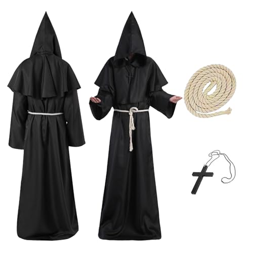 AOMAIGAD Priester Robe Kostüm, Mönch Kostüm Robe, Halloween Mönch Kostüm, mit Kreuz und Kordel, für Mottoparty, Halloween, Karneval und Fasching (L) von AOMAIGAD