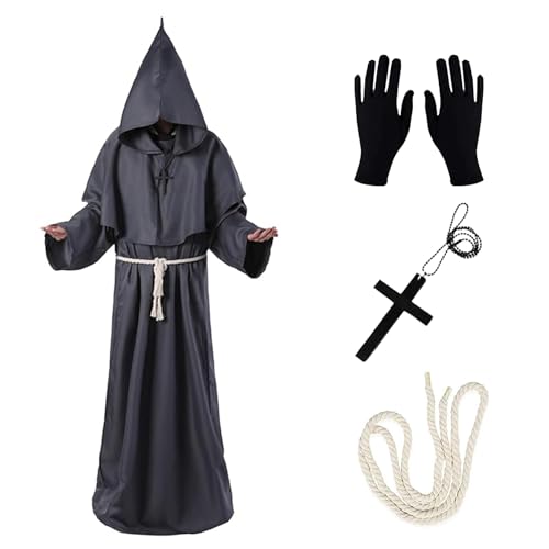 AOMAIGAD Mönch Robe Kostüm,Priester Robe Kostüm,Mönch Priester Gewand,Herren Kapuze Mönch Robe Priester Kostüm, mit Kreuz-Halskette,Handschuhe,Gürtel,Halloween,Karneval und Rollenspiel Kostüme von AOMAIGAD