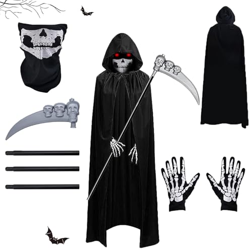 AOMAIGAD Sensenmann Kostüm,Halloween-Umhang mit Kapuze,mit Schädelmaske,Sense,Skelett Handschuhe,Halloween Kostüm Unisex，Sensenmann Umhang für Halloween,Cosplay,Karneval (Erwachsener-A) von AOMAIGAD