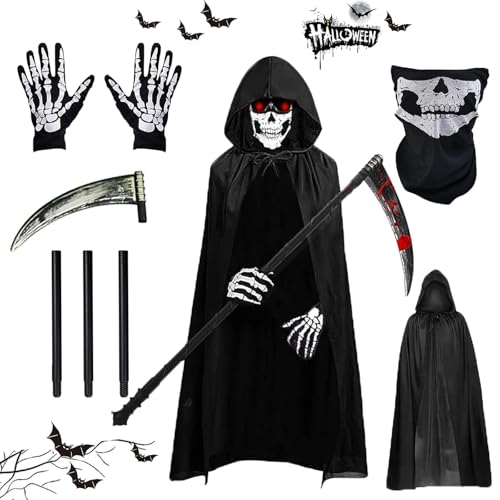 AOMAIGAD Sensenmann Kostüm,Halloween-Umhang mit Kapuze,mit Schädelmaske,Sense,Skelett Handschuhe,Halloween Kostüm Unisex，Sensenmann Umhang für Halloween,Cosplay,Karneval (Erwachsener-B) von AOMAIGAD