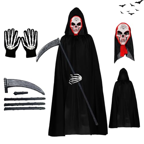 AOMAIGAD Sensenmann Kostüm,Halloween-Umhang mit Kapuze,mit Schädelmaske,Sense,Skelett Handschuhe,Halloween Kostüm Unisex，Sensenmann Umhang für Halloween,Cosplay,Karneval (Erwachsener-C) von AOMAIGAD