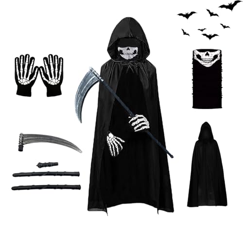 AOMAIGAD Sensenmann Kostüm,Halloween-Umhang mit Kapuze,mit Schädelmaske,Sense,Skelett Handschuhe,Halloween Kostüm Unisex，Sensenmann Umhang für Halloween,Cosplay,Karneval (Kind-B) von AOMAIGAD