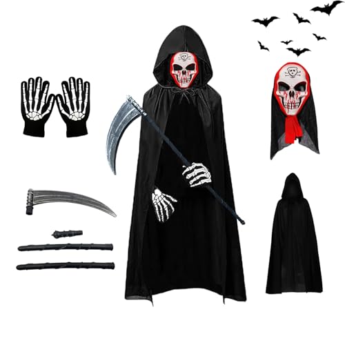 AOMAIGAD Sensenmann Kostüm,Halloween-Umhang mit Kapuze,mit Schädelmaske,Sense,Skelett Handschuhe,Halloween Kostüm Unisex，Sensenmann Umhang für Halloween,Cosplay,Karneval (Kind-C) von AOMAIGAD