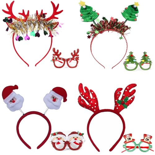 AOMAIGAD Weihnachtsstirnband und Weihnachtsbrillen-Set,4Stück Weihnachten Haarreifen und 4Stück Weihnachten Brillen,Weihnachten Stirnbänder Weihnachten Brille,Haarschmuck für Weihnachtsfeiern Cosplay von AOMAIGAD