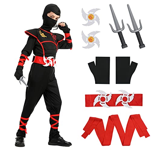 Aomig Ninja Kostüm Kinder, 13Pcs Kinderkostüm Ninja Set, Jungen Mädchen Ninja Anzug Kinder, Ninja Zubehör Kostüm für Halloween Verkleidung Karneval Party Cosplay, Rot Schwarz von Aomig