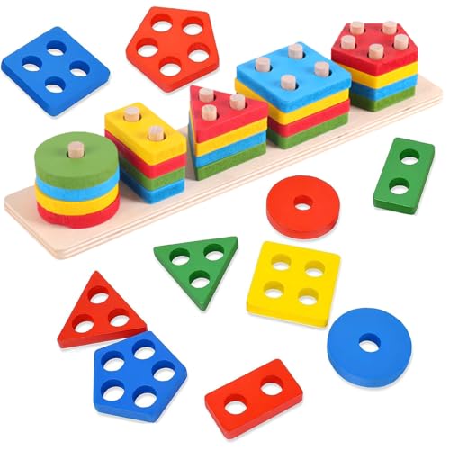 Holzspielzeug Sortierspielzeug, 20PCS Farben und Formen Puzzle-Stapler, Holz Sortier & Stapelspielzeug, Jahre -Aktivitäts & Entwicklungsspielzeug aus Holz für Baby-Jungen & Mädchen ab 1 2 3 Jahr von AOMiGT