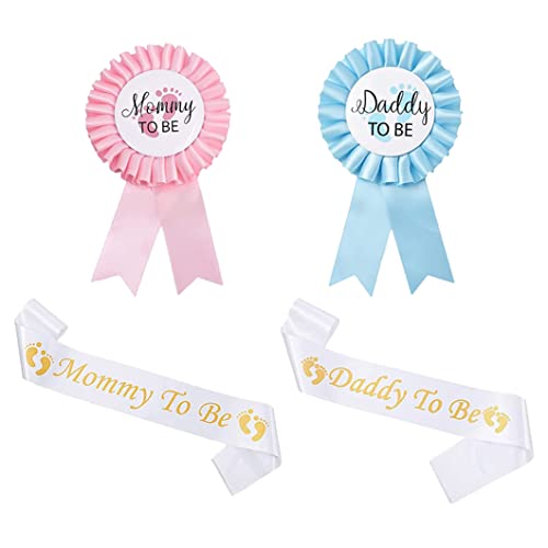 AONAT Babydusche Schärpen Set 2 Stück Mommy to Be Schärpe UndDad to Be Weißblech Abzeichen Pin Mit Party Deko Gender Reveal Für Baby Dusche Party Feier, Baby Willkommensparty(Rosa,Blau) von AONAT