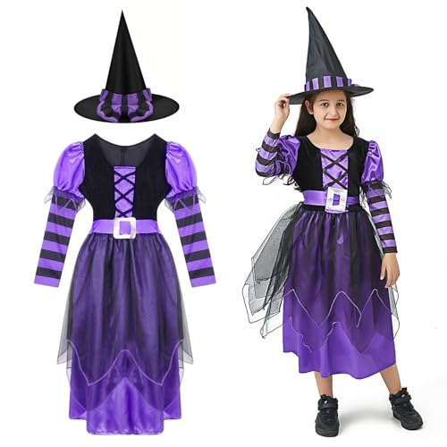 AONAT Hexe Kostüm,Hexenkostüm Mädchen,Hexen Kostüm Kinder,Hexen Kostüme mit Hut, Lila-Schwarz Hexekostüm,Halloween Kostüm Deluxe Set für Mädchen Karneval Dress Up Party Cosplay（L） von AONAT