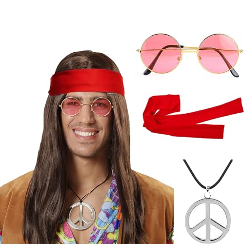 Hippie Kostüm Set,Retro Hippie Accessoires,Sonnenbrille + Perücke + Stirnband + Peace Halskette Anhänger,Männer Karneval Fasching Perücke Faschingkostüme Herren 70er 80er Jahre Karneval Halloween von AONAT