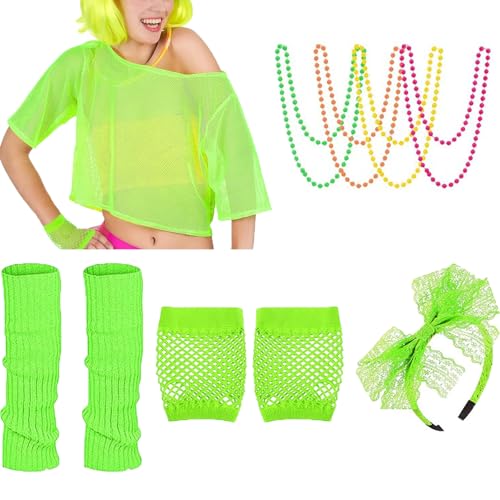 AONAT Netzshirt Netzoberteil,90er 80er Jahre Outfit Damen Netzoberteil Accessoires Haarreif Halskette Handschuhe Beinstulpen Damen Kostüm Neon Shirt Halloween Karneval Cosplay Party von AONAT