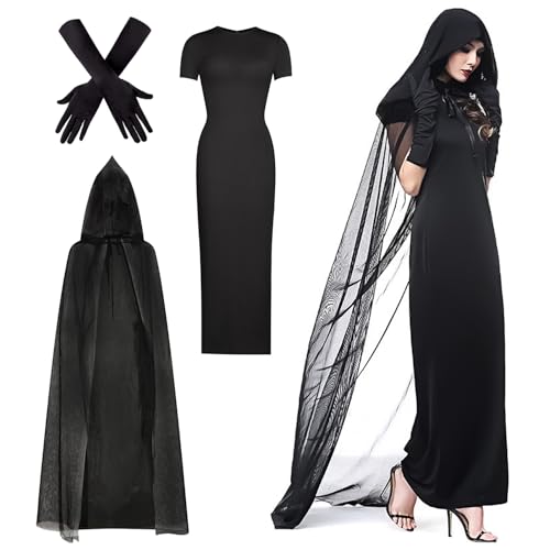 Umhang Mit Kapuze Schwarz Halloween kostüm Sensenmann Kostüm Halloween Kostüm Damen Geister Schwarze Geisterbraut böse Königin Halloween Vampirball Party Kostümparty Fasching Weihnachten Karneval（S） von AONAT