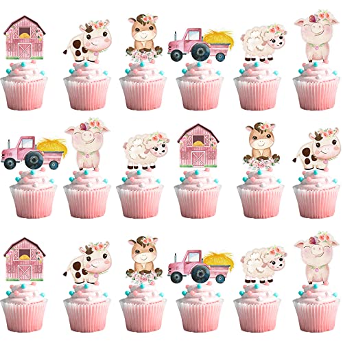 Hotop 48 Pcs Floral Pink Cute Girl Farm Animal Birthday Cupcake Toppers Picks Barnyard Birthday Party Supplies for Girls Farm Animal Theme Baby Shower Party von AONELAS